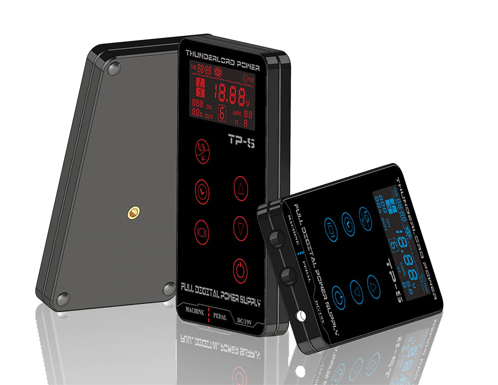 TP-5 Digital LCD Dual Tattoo Machine Power Supply, featuring digital display, essential tattoo equipment by Thunderlord Power