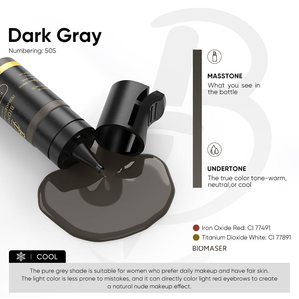 Biomaser Dark Gray 505 eyebrow pigment. Cool undertone, ideal for fair skin and daily makeup. Permanent makeup supplies.