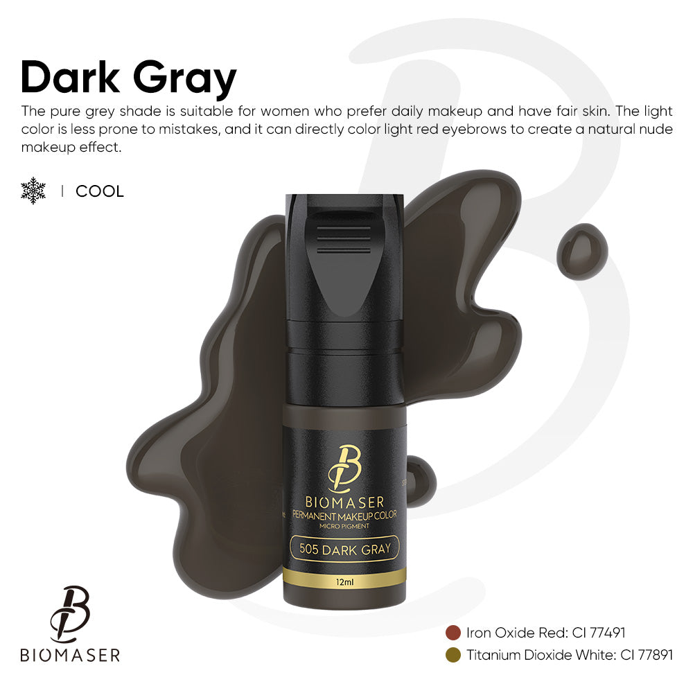 Biomaser 505 Dark Gray permanent makeup pigment, cool tone, ideal for fair skin and light hair, 12ml bottle