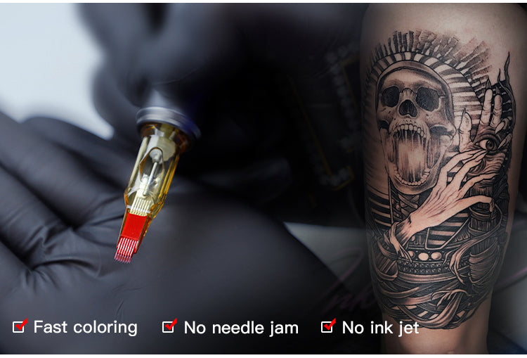 Tattoo machine needle cartridge with tattoo on skin, featuring fast coloring, no needle jam, and no ink jet.