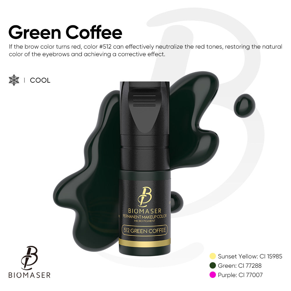 Biomaser #512 Green Coffee pigment ink for microblading, neutralizes red tones, professional tattoo pigment, 12ml bottle