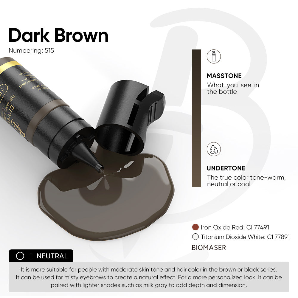 Biomaser Dark Brown (515) eyebrow pigment, neutral undertone, ideal for misty eyebrow effect, permanent makeup supplies