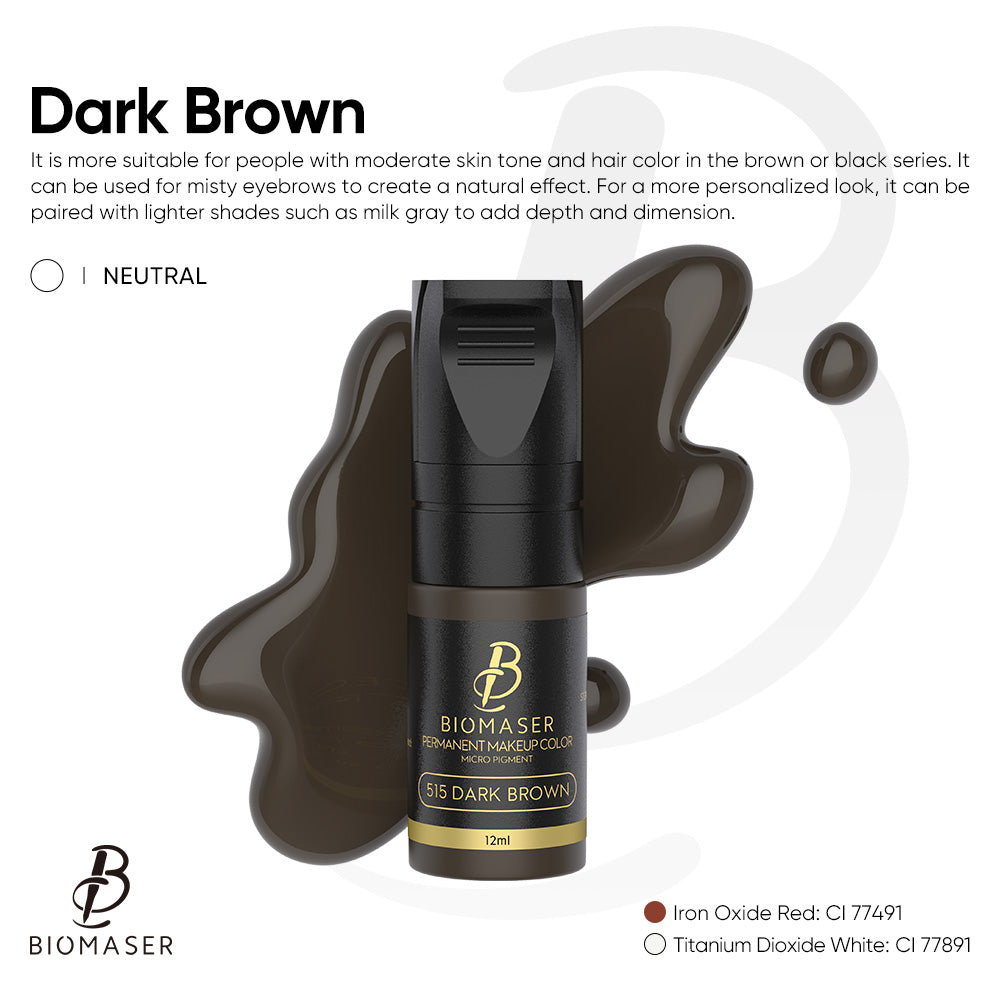 Biomaser 515 Dark Brown eyebrow pigment for misty effect, neutral undertone, 12ml bottle, for permanent makeup.