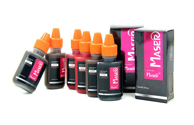 Maser Permanent Makeup Pigment set, including 302 Taupe for blue eyebrow correction, available in multiple colors.