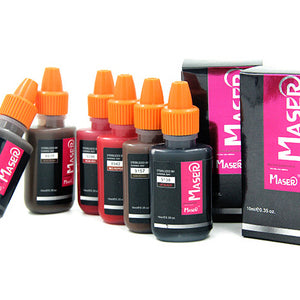 Maser Permanent Makeup Pigment set, including 302 Taupe for blue eyebrow correction, available in multiple colors.
