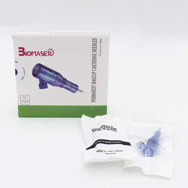 Biomaser Permanent Makeup Cartridge Needles for PMU, with sterilization details on packaging, professional tattoo tools.
