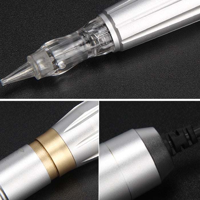 BMX P100 PMU Pen close-up, showing silver aluminum body, needle attachment, professional tattoo equipment
