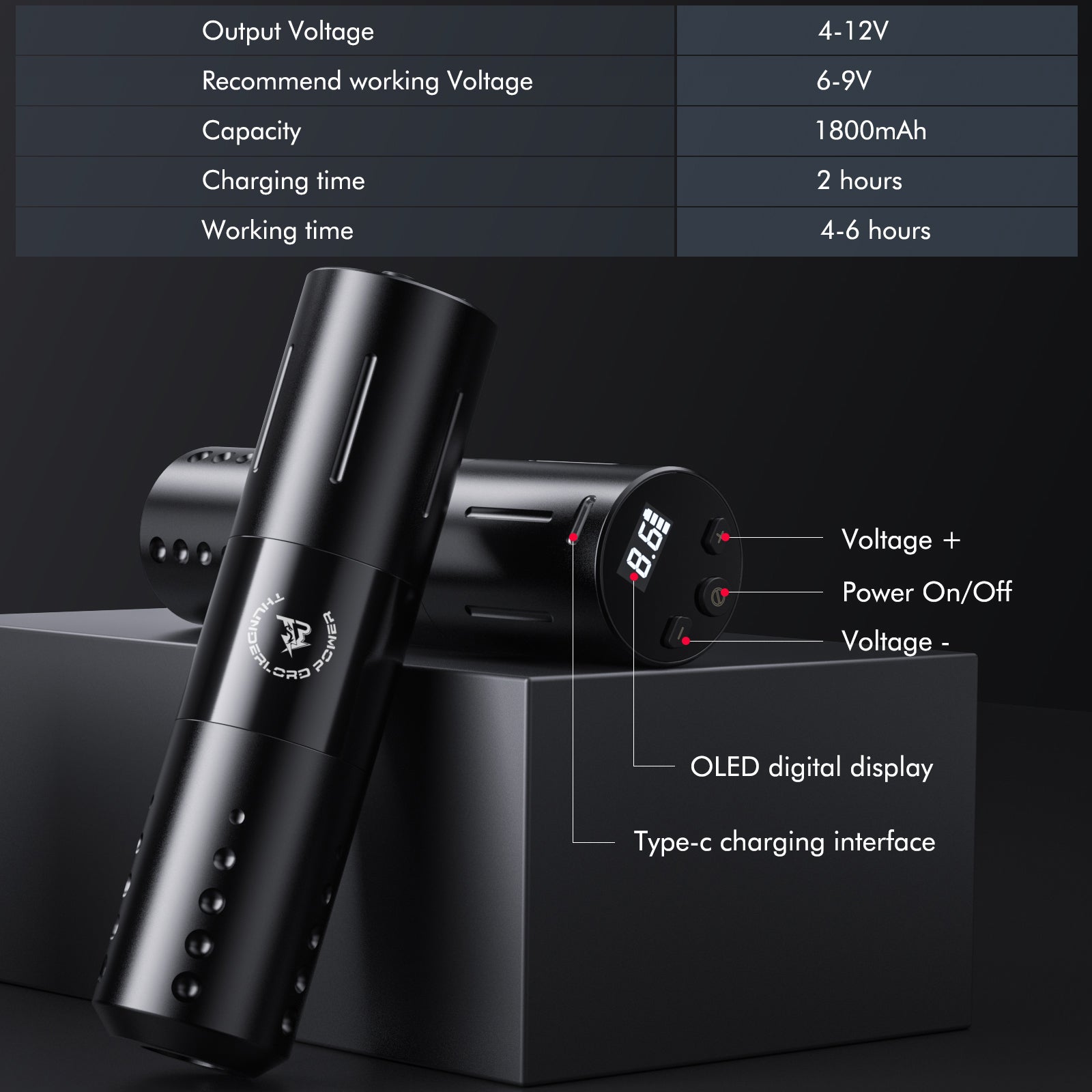Thunderlord Power CTG5004 wireless tattoo pen, black, with digital display, professional tattoo equipment