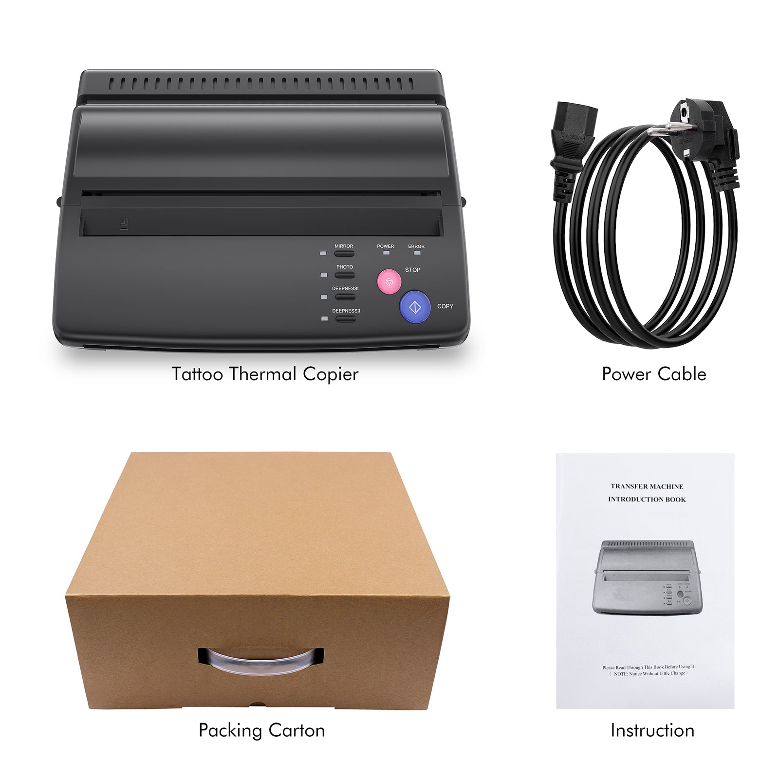 Thunderlord tattoo transfer machine kit, includes copier, power cable, packing, and instructions for tattoo artists.