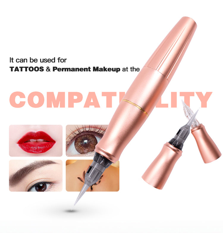 Rose gold P90 PMU machine by Biomaser, for tattoo and permanent makeup, showing applications for lips, eyes, and eyebrows.