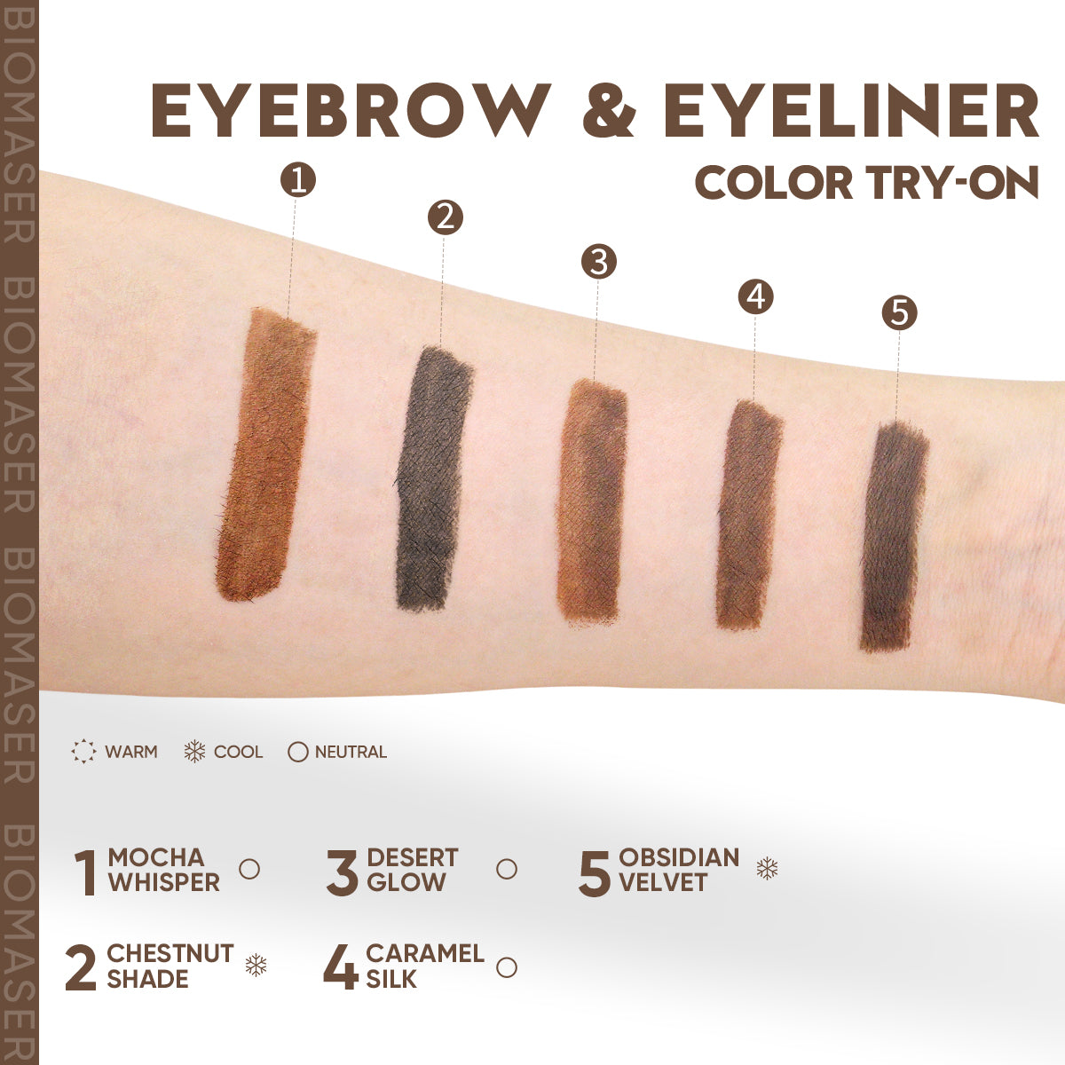 Biomaser PMU pigment swatches: Mocha Whisper, Chestnut Shade, Desert Glow, Caramel Silk, and Obsidian Velvet.
