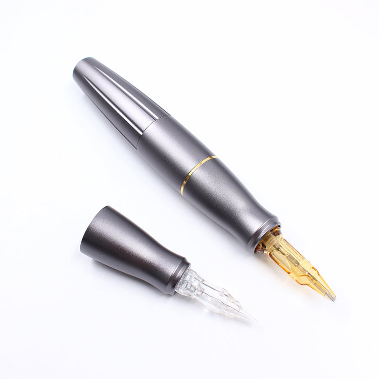 Grey CTGE004 tattoo machine, ergonomic design with pen-style and detachable needle cartridge, professional tattoo equipment