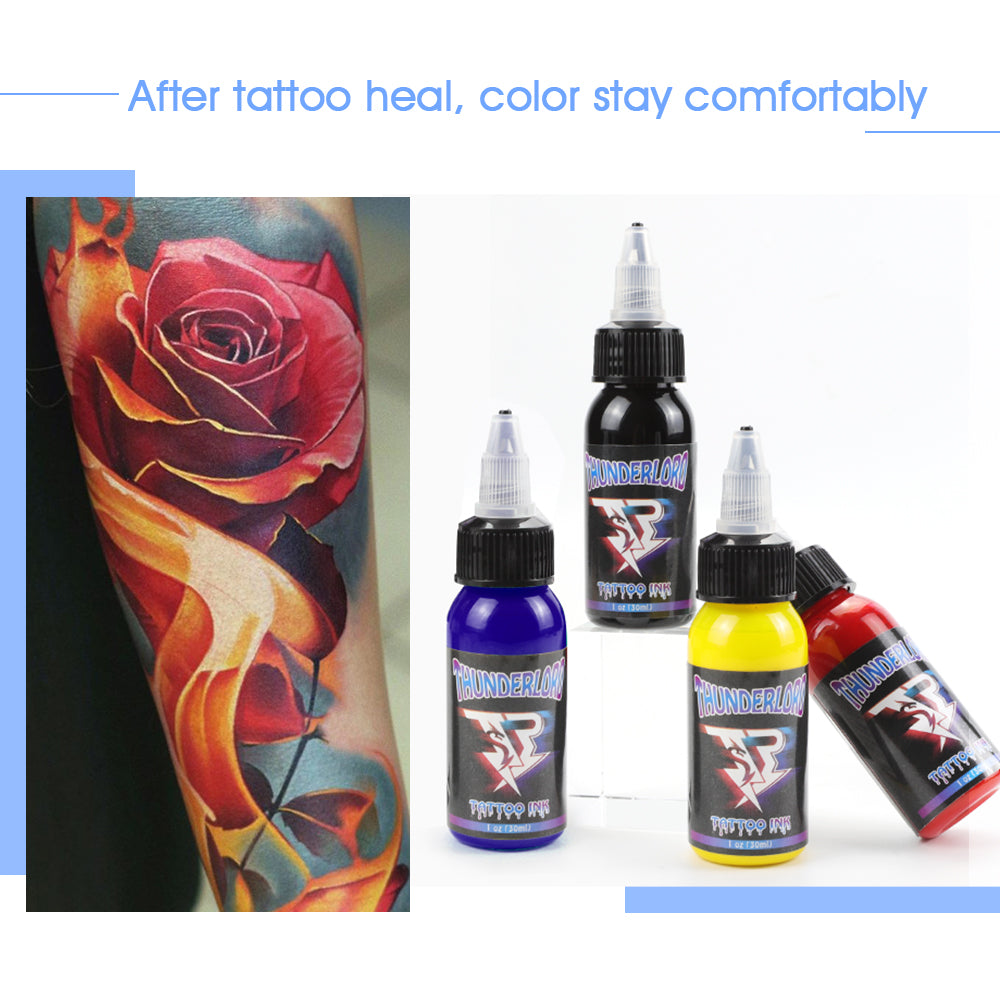 Thunderlordpower Tattoo Ink in multiple colors alongside a healed tattoo with a rose design, vibrant and long lasting