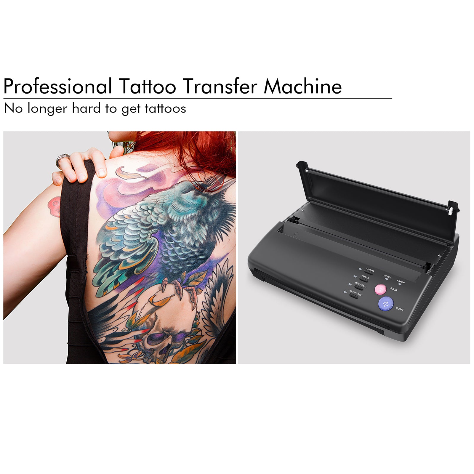 Tattoo transfer machine and back tattoo, demonstrating professional tattoo equipment, making tattoos easier.