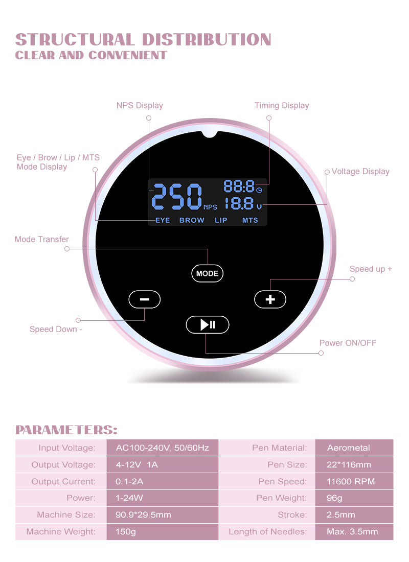 P30 PMU Machine power supply interface: voltage, speed, mode control. Includes parameters for professional tattoo equipment.