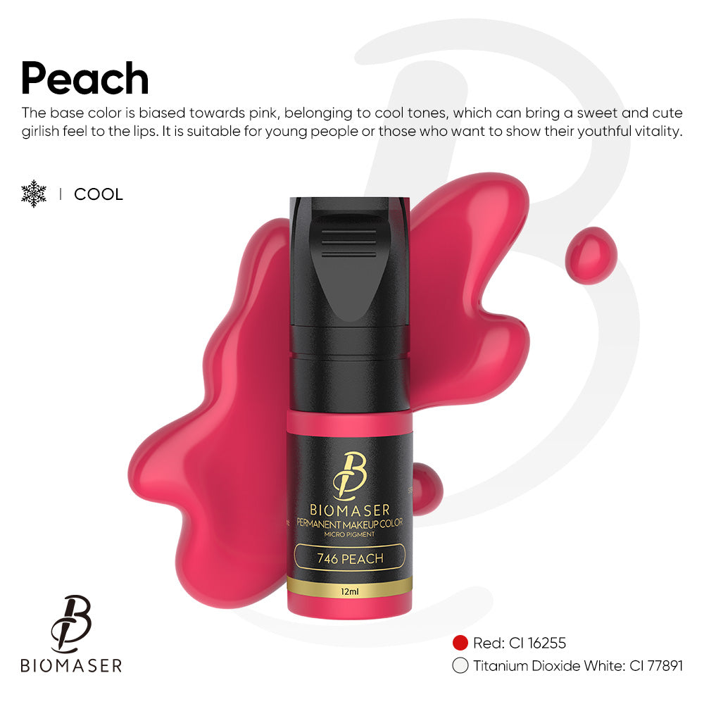 Biomaser 746 Peach lip pigment ink for permanent makeup. Cool tone, pink color. Tattoo supplies for youthful lips.