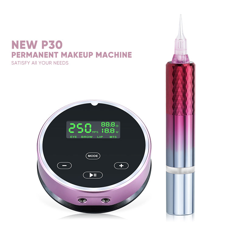 Biomaser P30 Permanent Makeup Machine Kit for eyebrow, lip, and eyeliner, Pink digital power supply and handpiece