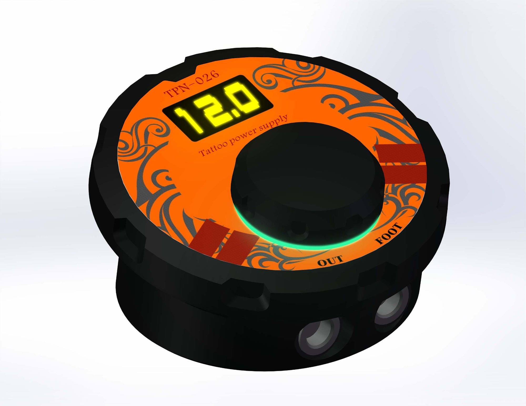 Biomaser Thunderlord TPN-026 tattoo power supply with digital display, black and orange design.