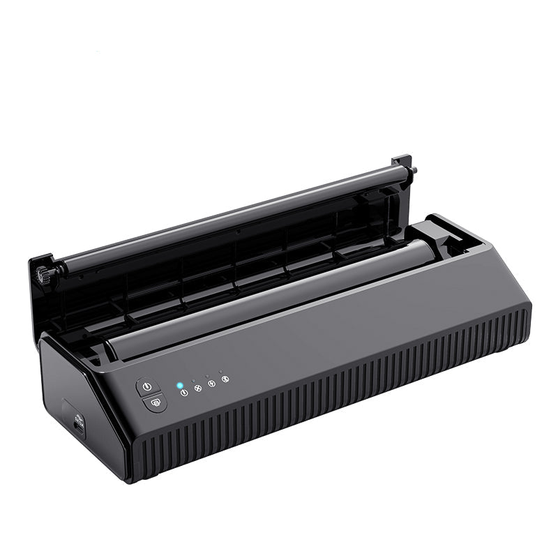Wireless tattoo stencil transfer machine in black, with roller and indicator lights, ideal for tattoo artists