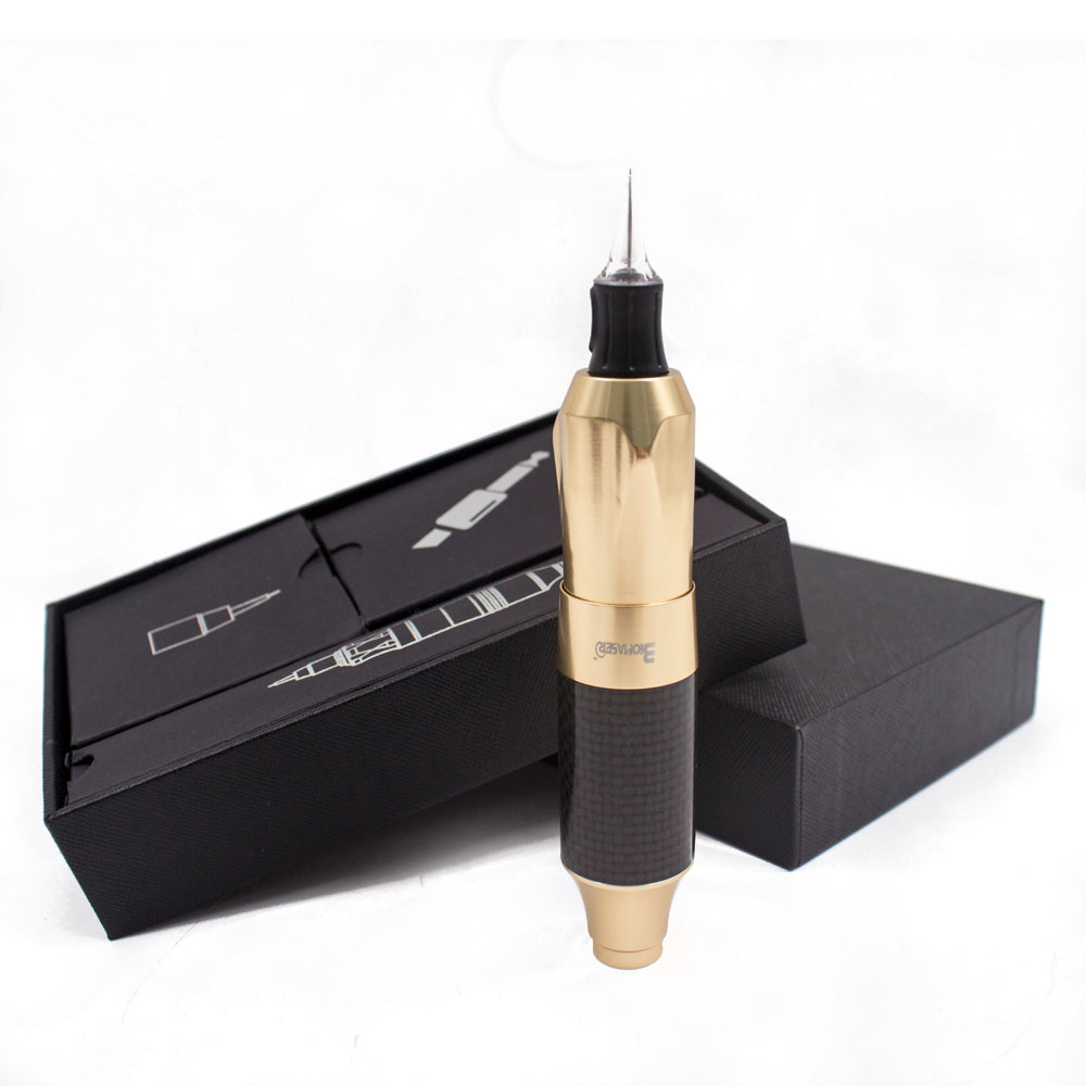 Biomaser Thunderlord Power Tattoo Pen Machine with gold and carbon fiber design, professional tattoo equipment
