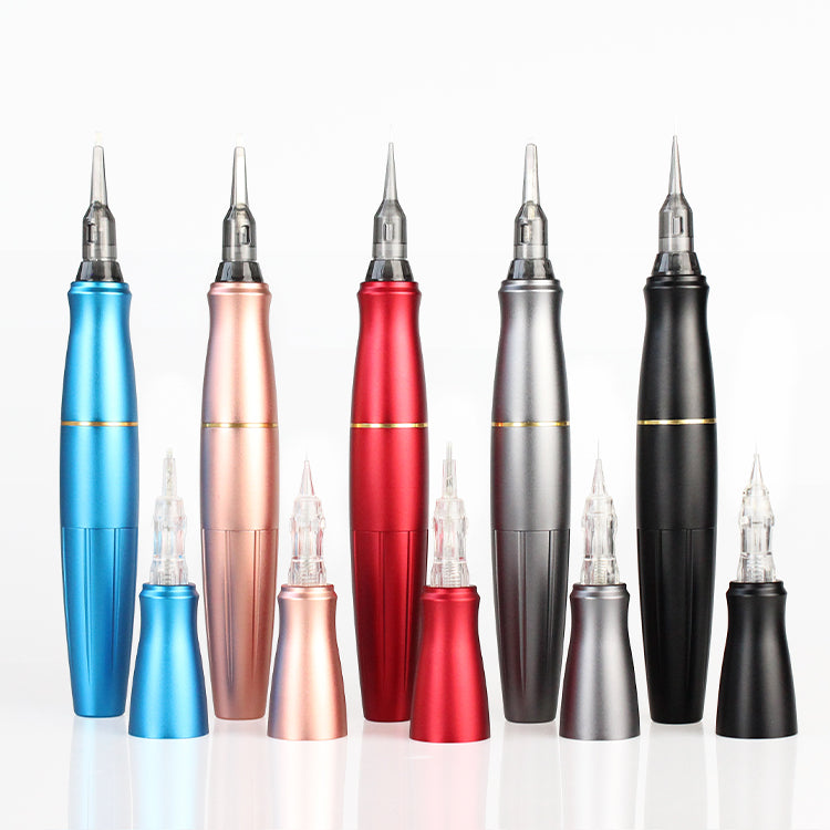 Biomaser CTGE004 tattoo machines in multiple colors with needle cartridges. Professional tattoo equipment.