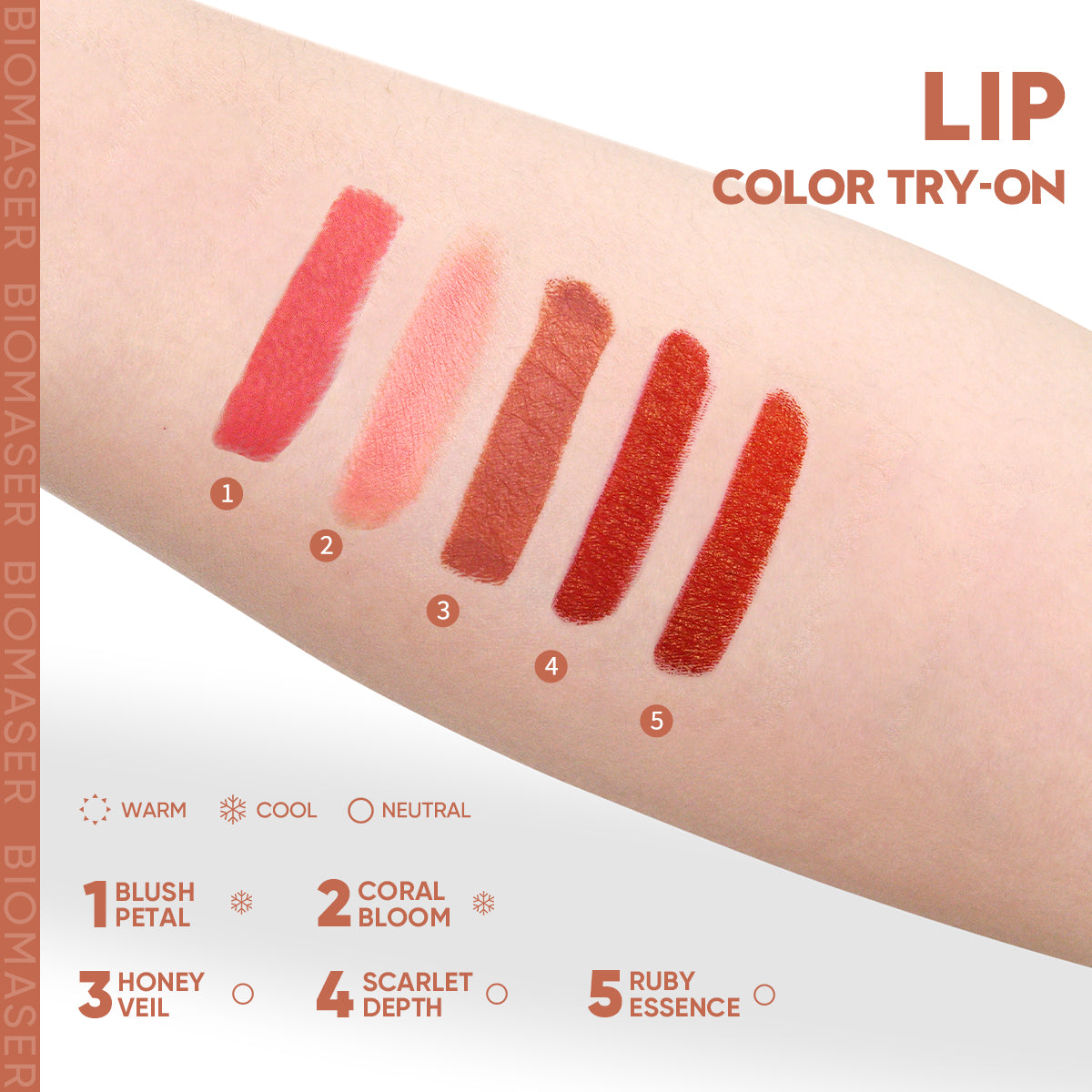 Biomaser lip pigment color swatches: Blush Petal, Coral Bloom, Honey Veil, Scarlet Depth, Ruby Essence for permanent makeup.