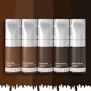 Biomaser PMU pigment bottles in various shades: Desert Glow, Mocha Whisper, Caramel Silk, Obsidian Velvet, Chestnut Shade.