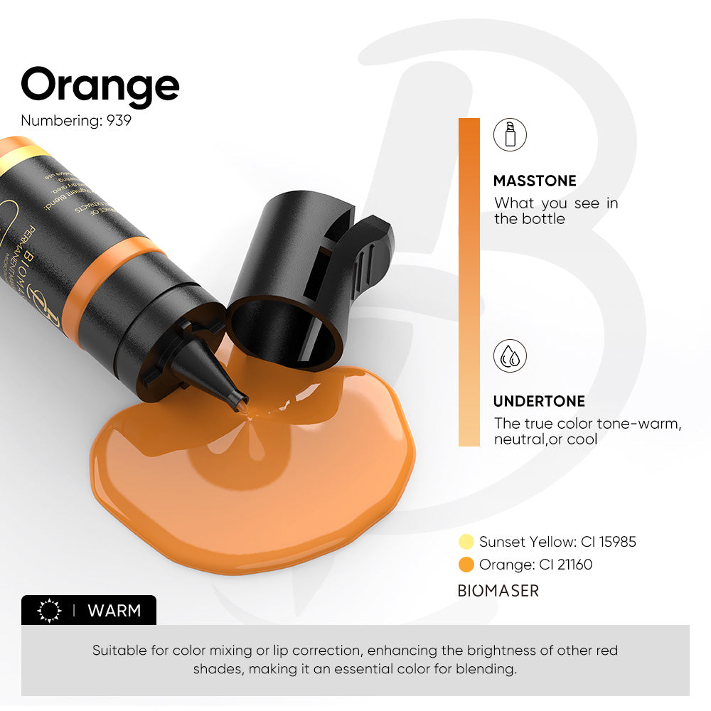Biomaser Orange lip pigment ink 939. Warm tone. For permanent makeup, color mixing, and lip correction. Tattoo supplies.