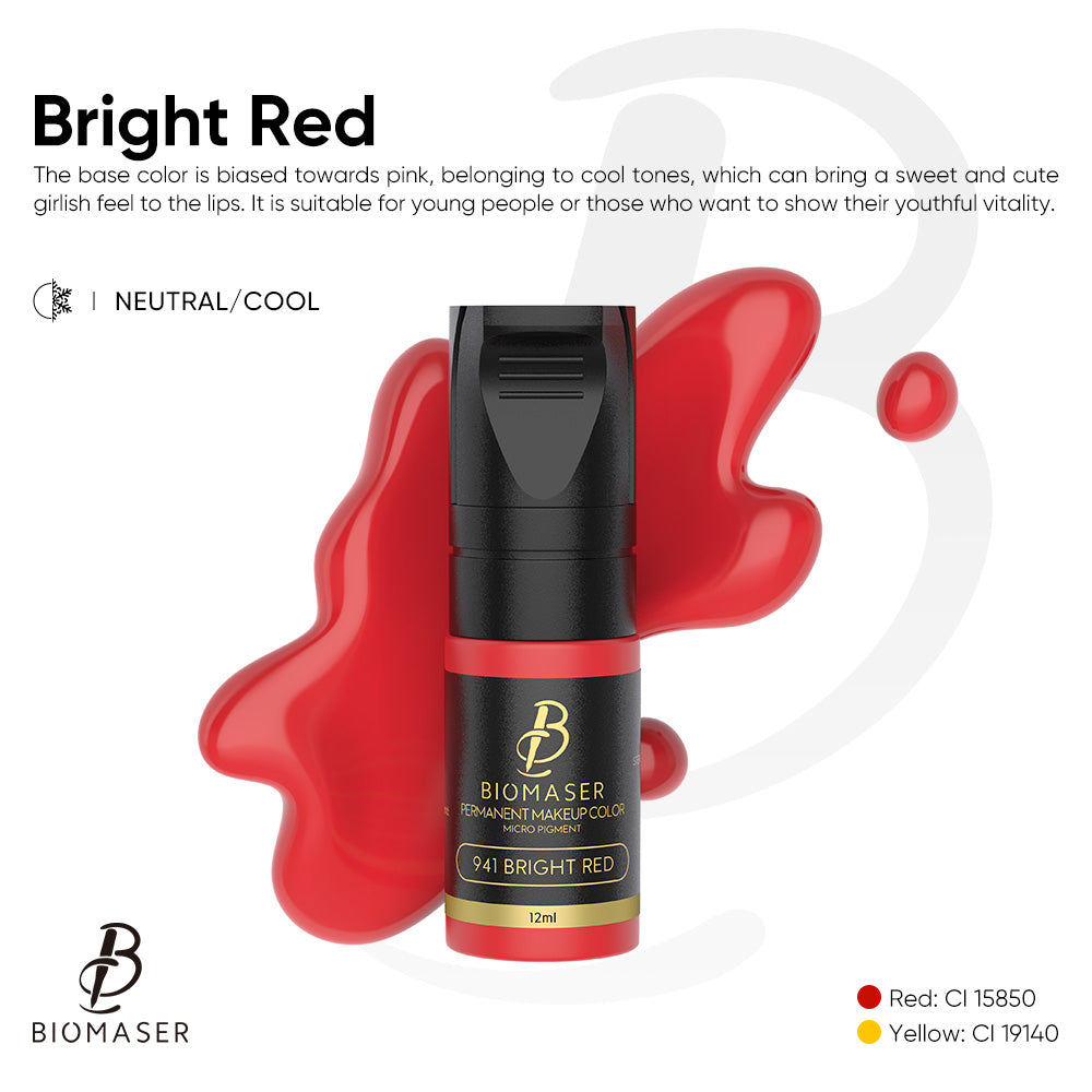 Biomaser 941 Bright Red lip pigment ink for permanent makeup, cool tone, for vibrant lips. Professional tattoo supplies.