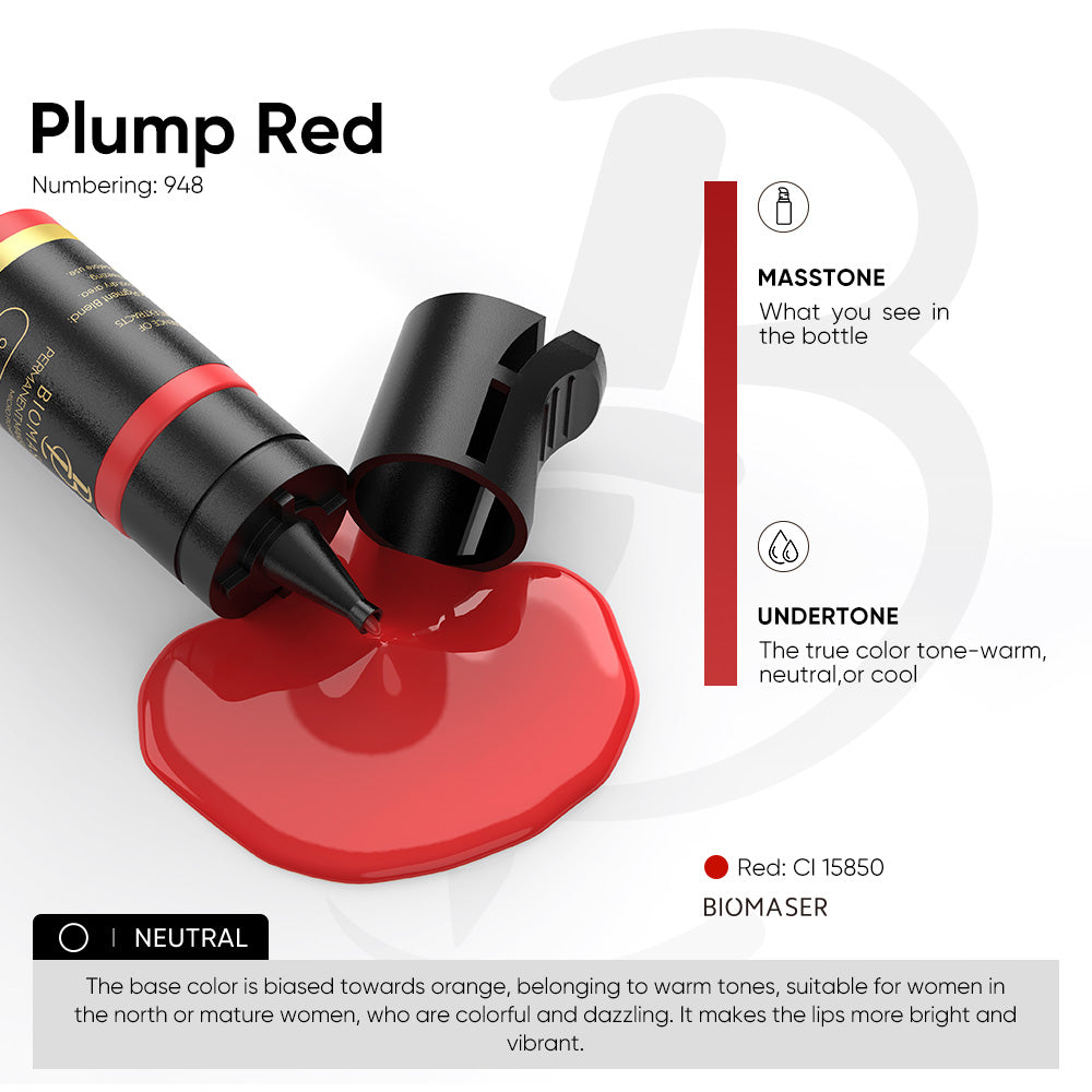 Biomaser Plump Red 948 lip pigment ink for permanent makeup, neutral color for vibrant lips, professional tattoo supplies
