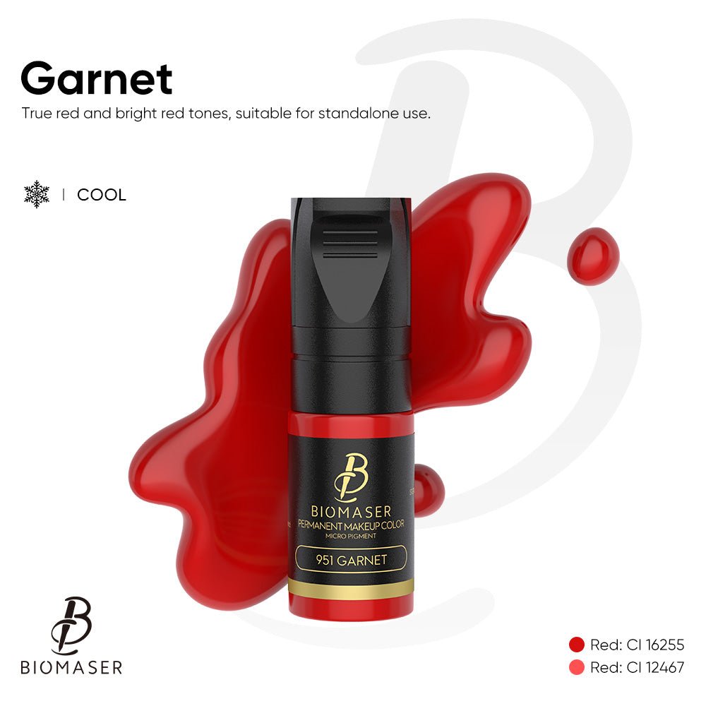Biomaser 951 Garnet lip pigment ink for permanent makeup. Cool undertone, true red color for natural lip effect.