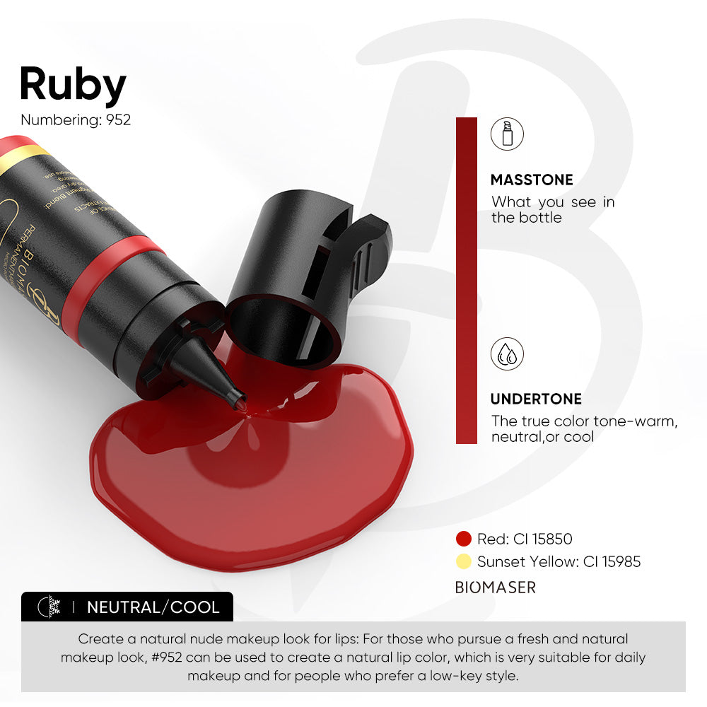Biomaser Ruby 952 red lip pigment ink for PMU, neutral/cool. Professional tattoo supplies for natural lip color.