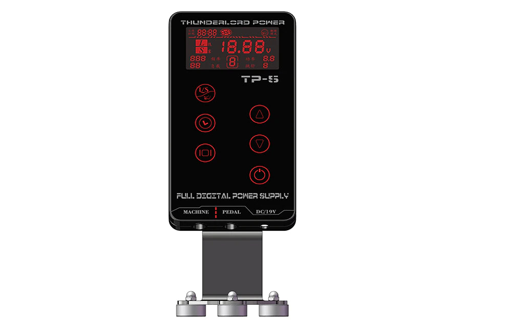 TP-5 Digital Tattoo Power Supply with LCD screen, featuring voltage display, essential tattoo equipment by Thunderlord Power.
