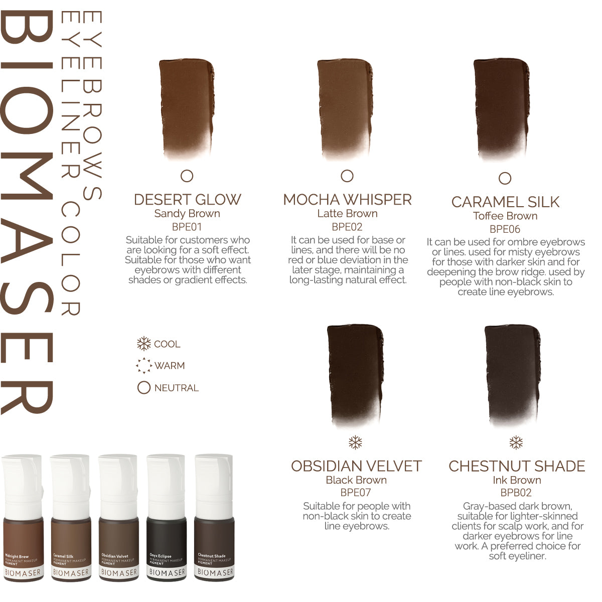 Biomaser Eyebrow & Eyeliner Pigment Collection: Swatches of PMU inks, including Desert Glow, Mocha Whisper, and more.