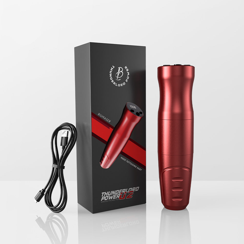Thunderlord Power U2 red wireless tattoo pen machine with charging cable and Biomaser box. Professional tattoo equipment.