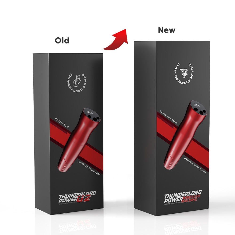 Thunderlord Power Wireless Tattoo Pen Machine packaging comparison: old Biomaser vs. new design, red tattoo pen.