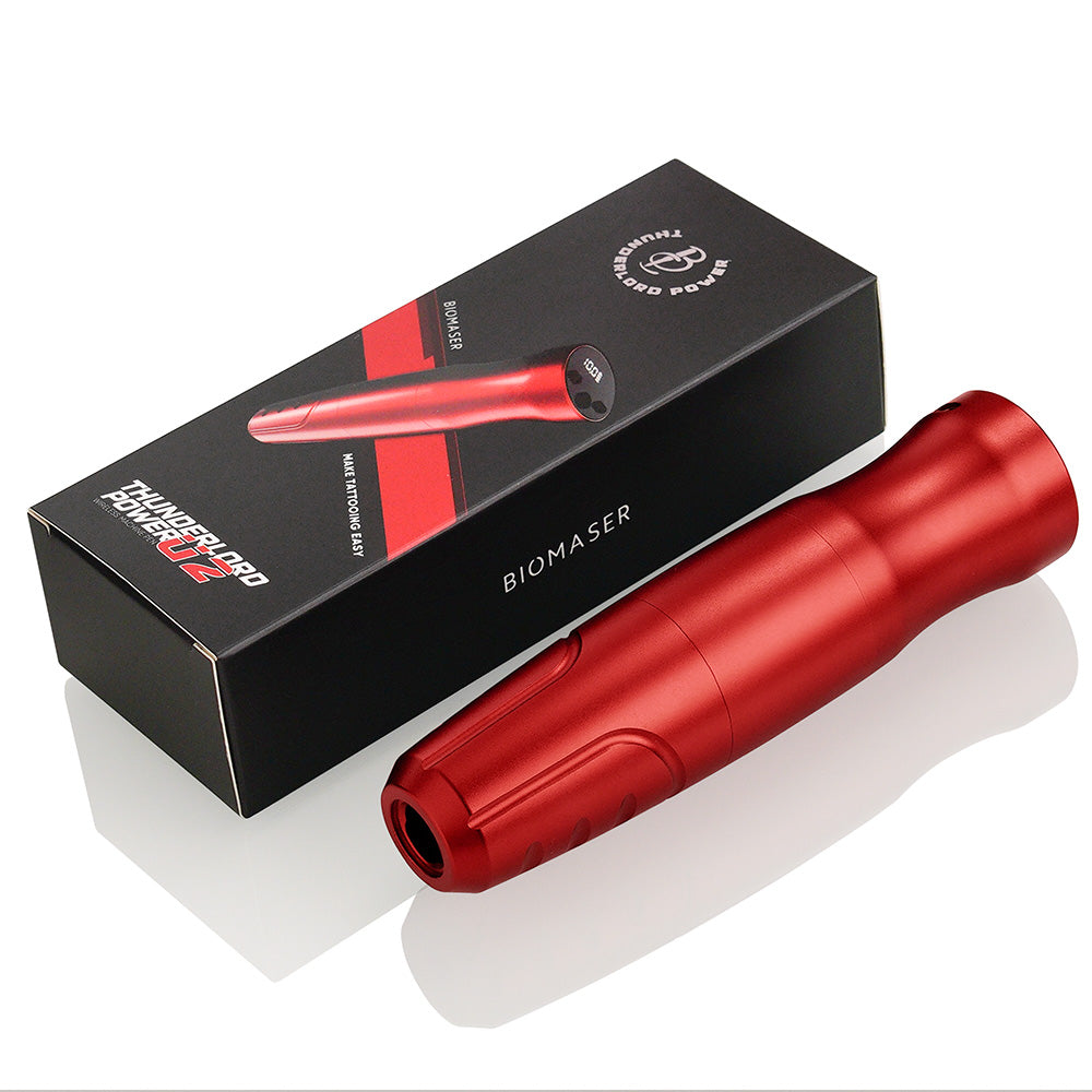 Thunderlord Power Wireless Tattoo Pen Machine, red with Biomaser packaging. Professional tattoo machine.