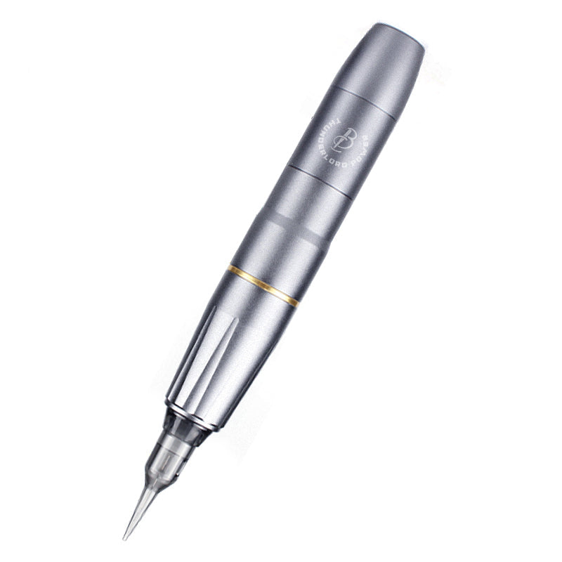 Silver professional PMU pen with needle, featuring THUNDERLORD POWER branding, for precise eyebrow tattoo work