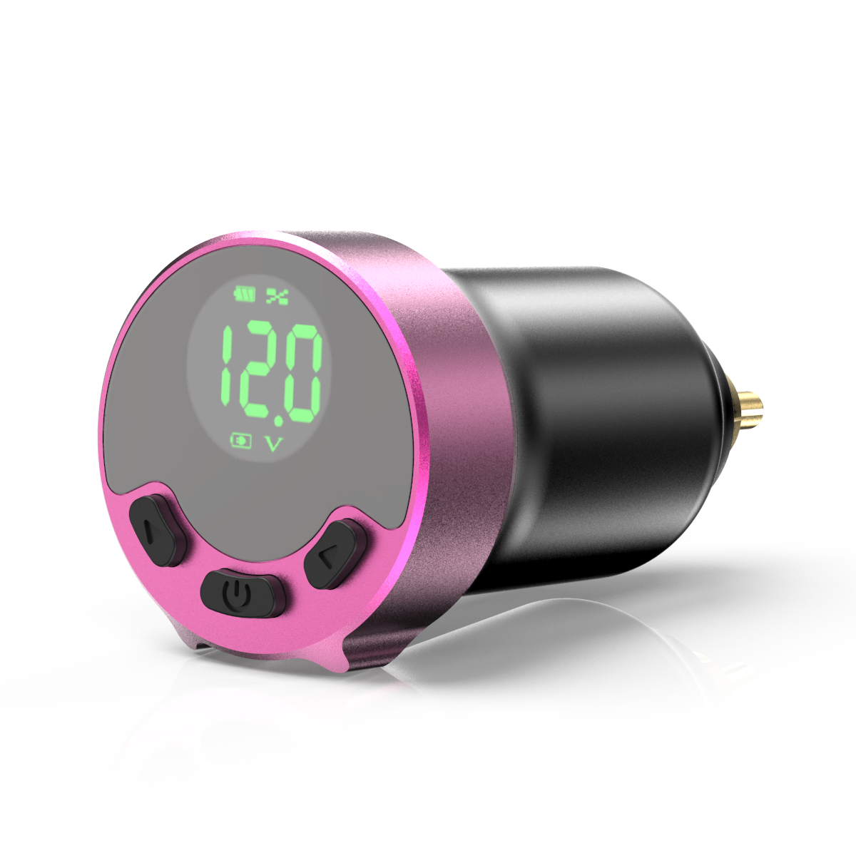 Digital Wireless Tattoo Power Supply DC004, pink and black, displaying 12.0V, for professional tattoo equipment.
