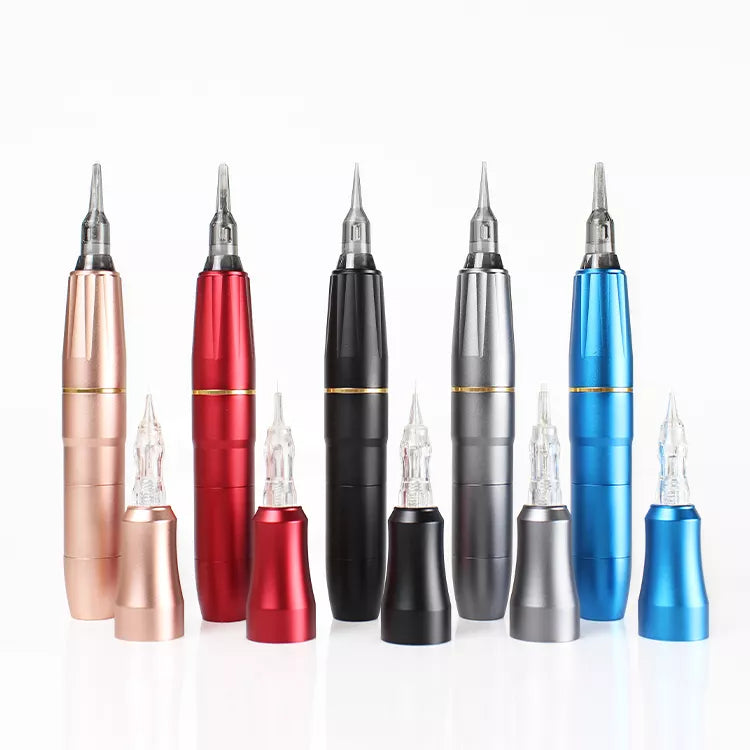 Assortment of Biomaser wireless PMU pens in various colors with accompanying cartridge needles for professional tattoo work