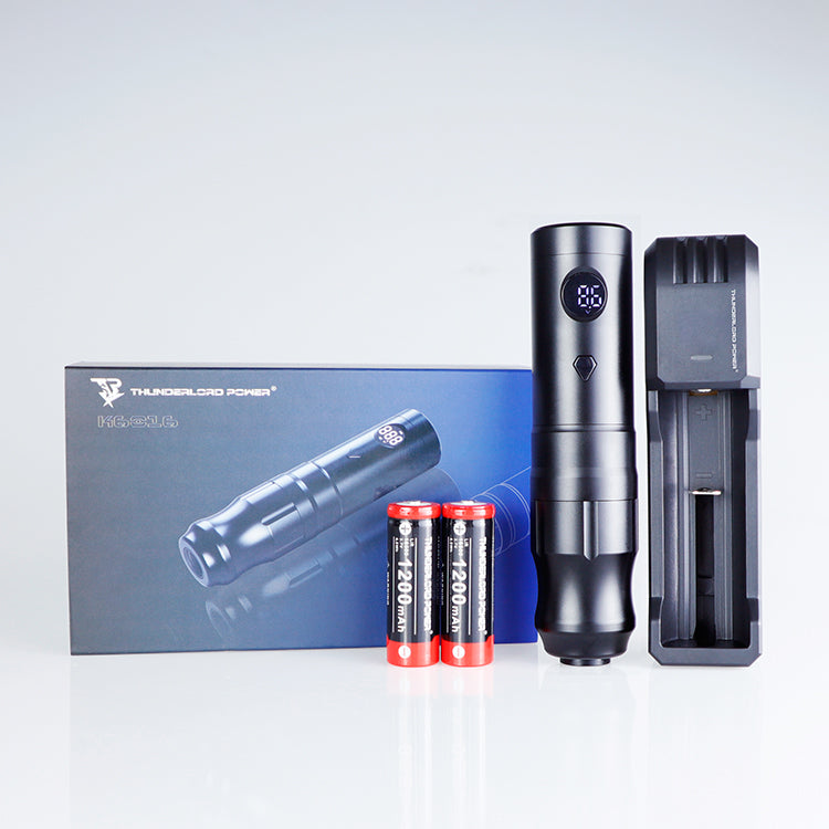 Thunderlord Power K6016 wireless tattoo pen kit with digital display, black aluminum body, professional tattoo equipment