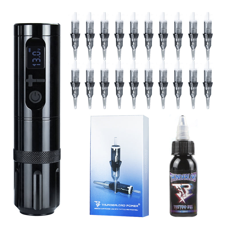 Thunderlord Power K6022 Wireless Tattoo Pen Kit with cartridges and tattoo ink, professional tattoo equipment