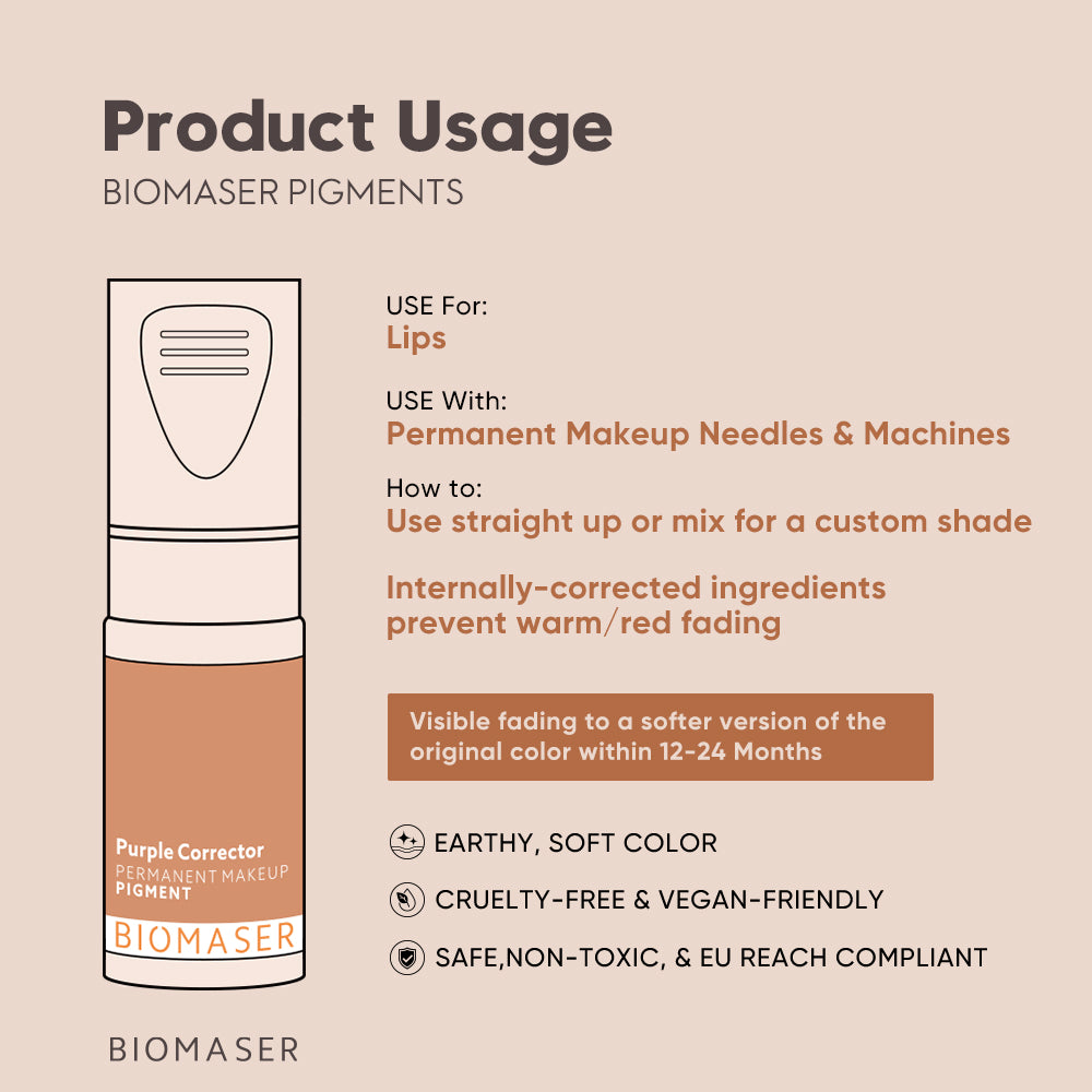 Biomaser Purple Corrector lip pigment. Safe, vegan, and cruelty-free. For permanent makeup. Earthy soft color.