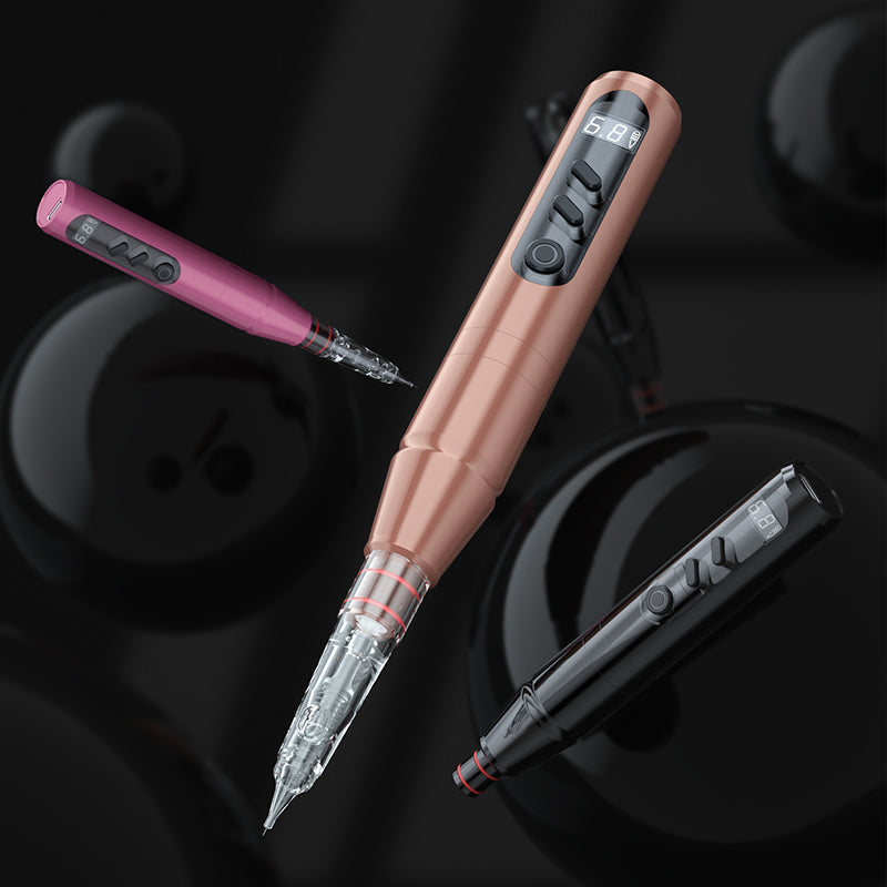 Biomaser P3 wireless PMU machine in rose gold, black, and pink, with digital display. Professional tattoo equipment.