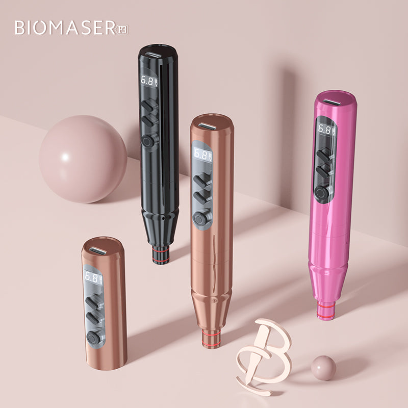 Biomaser P3 wireless PMU machine in rose gold, black, and pink, with digital display, professional tattoo equipment