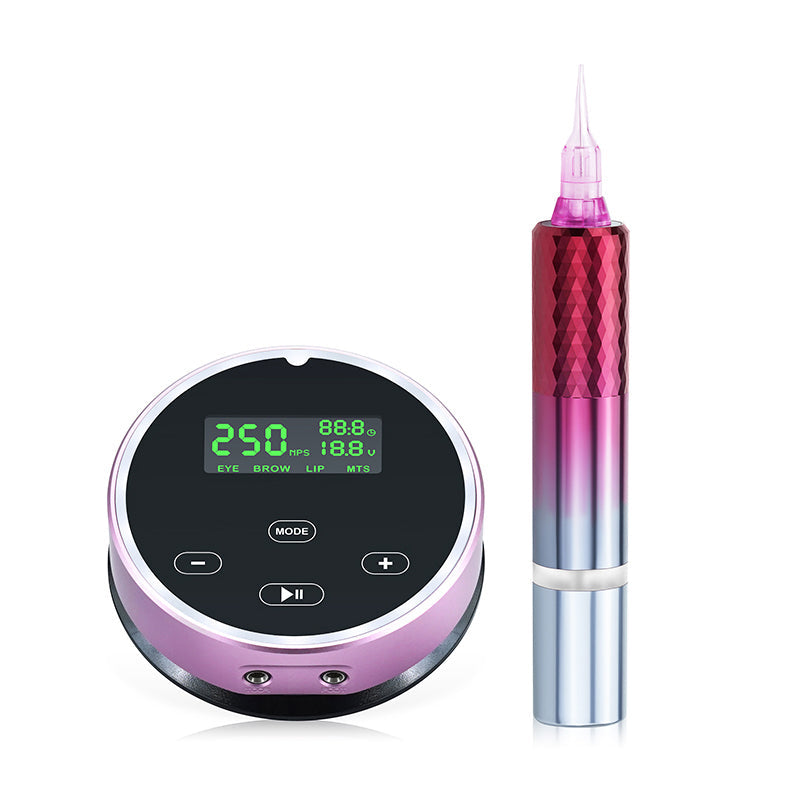 P30 permanent makeup machine kit. Pink power supply and handpiece for professional eyebrow, lip, and eyeliner tattoos.