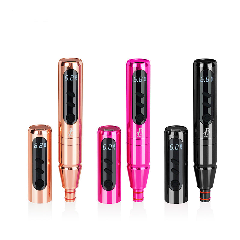 Biomaser P3 wireless PMU machine in rose gold, pink, and black with digital display, professional tattoo equipment.