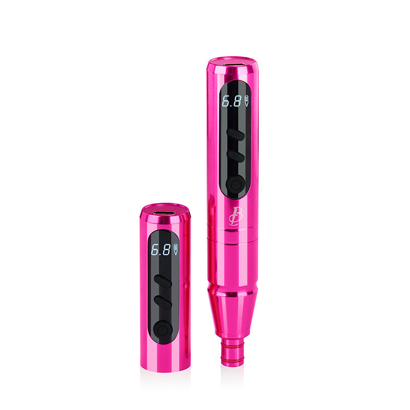 Pink Biomaser P3 wireless PMU machine with digital display showing 6.8V, tattoo equipment for professional use