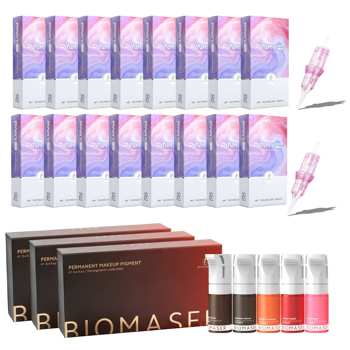 Biomaser P90 PRO PMU Refill Kit | 320 Pcs Pinky Pro Needles & 15 Bottles Pigment