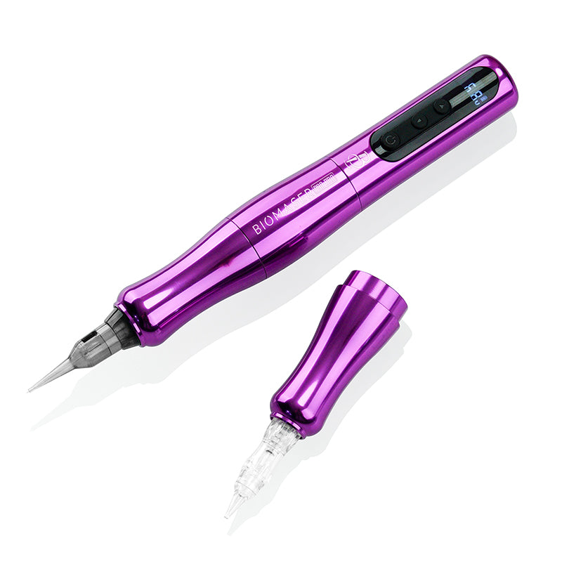 Biomaser P90 PRO purple wireless PMU pen, professional tattoo machine. Features digital display and detachable cartridge.